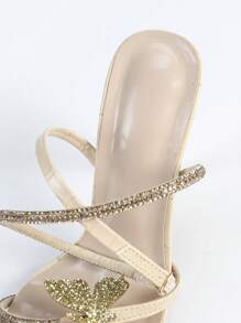 Women's Square Toe High Heel Sandals, Apricot Color With Gold Glitter, Butterfly & Rhinestone Embellished, Elegant Party Shoes