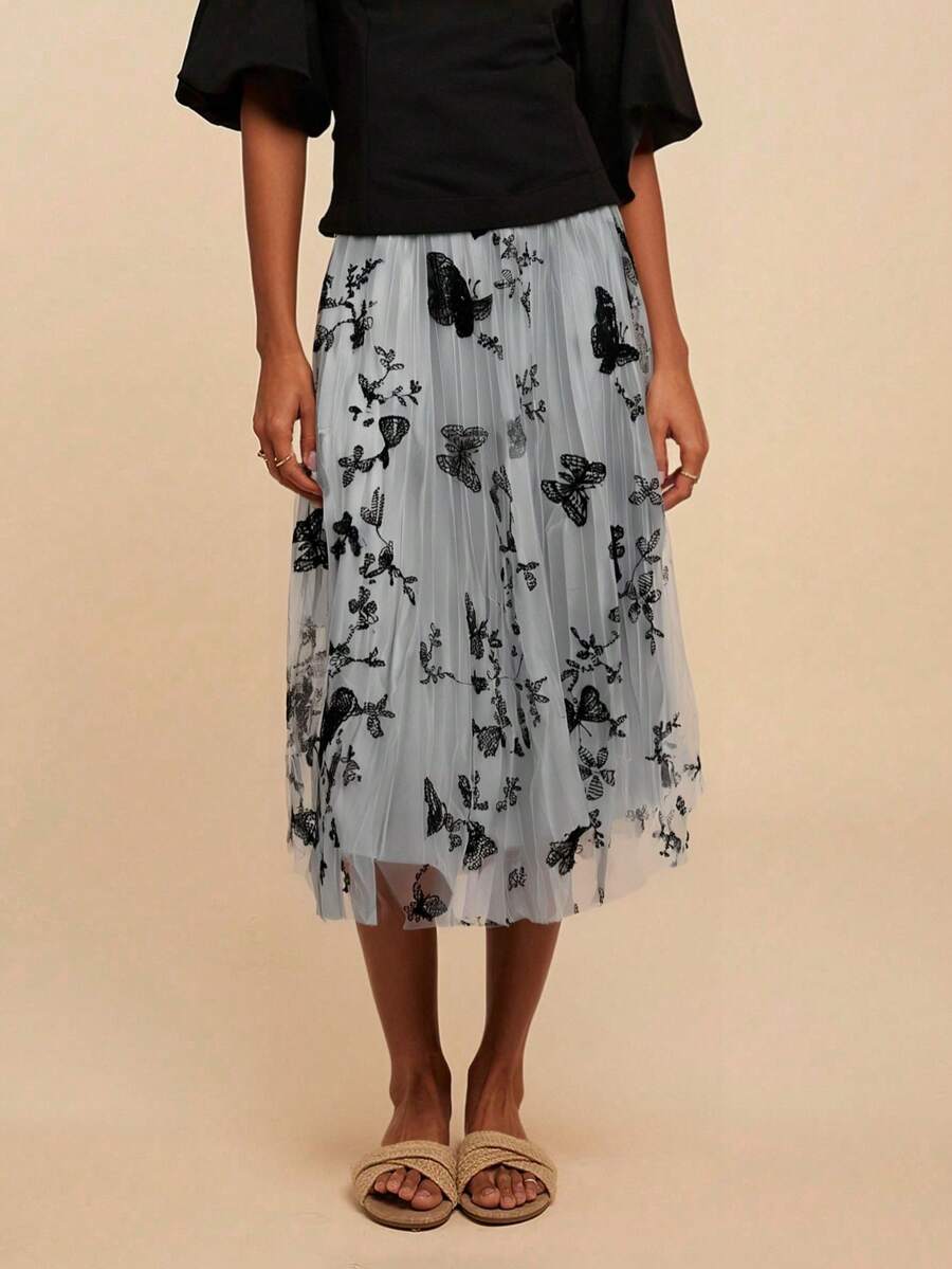 Falda de tul negra con bordado de mariposas, nuevo modelo de verano 2025, falda en forma de A de cintura alta, falda midi de bordado, talla única adecuada para un peso de 40 kg a 65 kg - Gris - Ver 1