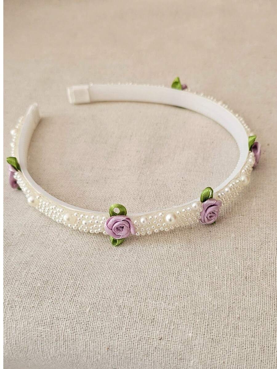 Pearl Tiara With Rococo Flowers - Purple - View 1