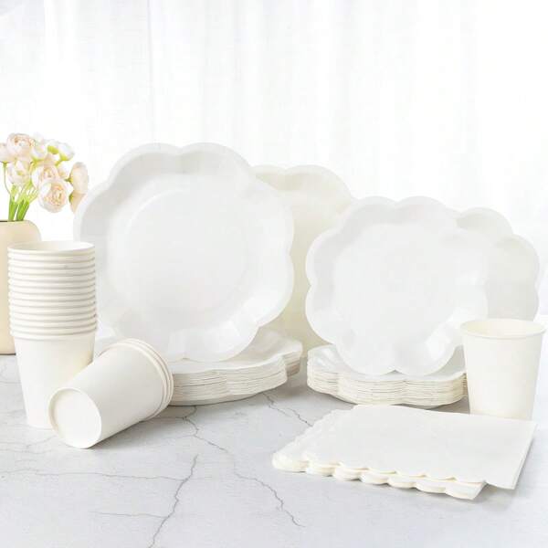 24pcs White Octagonal Flower Petal Disposable Plates, Napkins, Cups Set For Party, Birthday, Wedding, Family Picnic