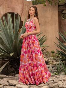 Floral Print Summer Maxi Dress - Elegant Spaghetti Straps With Plunging V-Neck, Cross-Waist Detail & Lace-Up Back, Ruffle Hem Beach Vacation Dress