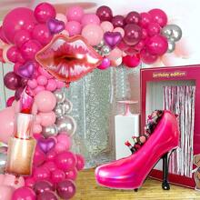 100 Stück/Set Prinzessin Hochhackenschuh Make-up Thema rosa & silberne Ballon Girlande Bogen Set, inklusive Hochhackenschuhe, Lippenstift, Lippen, Herz Folienballons, dunkelpink & silberne Prinzessinnen Themen Ballons, geeignet für Make-up Thema, Geburtstags Party Dekoration, Hochzeit, Junggesellinnen-Abschied, Jubiläum, Abschlussfeier Deko
