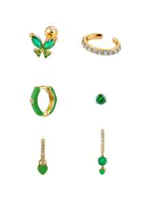 6 件/套（适用于 1 个侧耳）时尚个性化精致镀金锆石蝴蝶耳钉，心形耳坠，多功能耳夹耳环套装，适合女士，适合日常、节日和派对佩戴