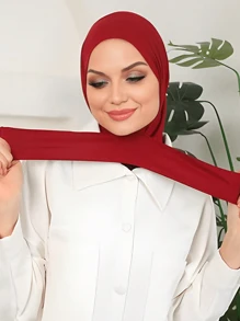 Awegeo 1Pc Women's Hijab Headwrap, Convenient Middle Eastern Style Headscarf With Fixed Buttons, Comfortable Casual Headwrap - Bright Red - View 3