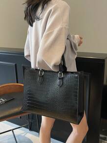 Fashionable Crocodile Grain Large Capacity Zipper Handbag, Suitable For Daily Business Travel, Vacation, Outdoor, Home, Dorm, Student Shopping Bag, Business Casual Woman Bag Perfect For Office Business And Work - Black - View 6