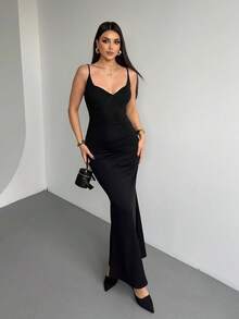 Women Solid Color Knitted Sexy Mermaid Style Casual Spring/Summer Holiday Dress - Black - View 2