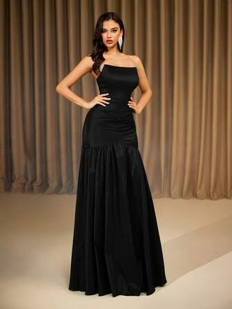 Black Strapless Asymmetrical Long Banquet Evening Dress, Formal, Party Dress, Gown, For Wedding Guest