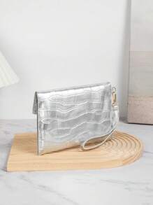 1 pieza Bolso de embrague minimalista con estampado de cocodrilo en PU plateado, con cadena de metal para el hombro y monedero, adecuado para mujeres, niñas, eventos, fiestas, compras, uso diario y viajes - Plateado - Ver 5