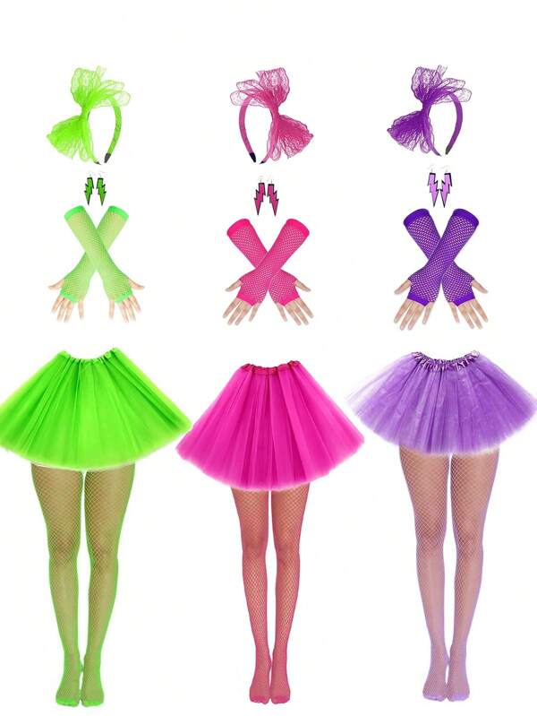 Set de 7 piezas de accesorios de disfraz de fiesta de cosplay con estilo retro de los 80 y 90, que incluye: diadema con lazo de encaje, falda sexy, faldas de malla, medias de red, aretes con diseño de relámpago, para usar en Baile de graduación, Día de San Valentín, festivales de música, Halloween