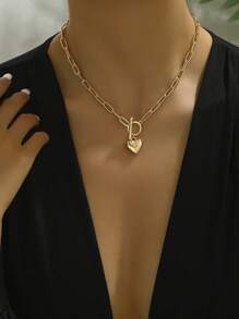 1pc Minimalist Long Hook Heart Chain Necklace, Mother's Day Gift, Gold Love Pendant Necklace, Everyday Wear Jewelry, Hip Hop Style Alloy OT Clasp Necklace For Women, Simple European And American Collarbone Chain - Gold - View 1