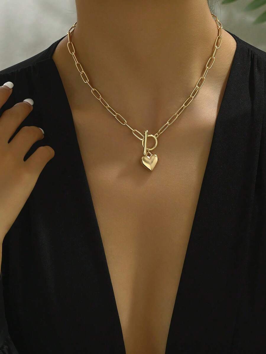 1pc Minimalist Long Hook Heart Chain Necklace, Mother's Day Gift, Gold Love Pendant Necklace, Everyday Wear Jewelry, Hip Hop Style Alloy OT Clasp Necklace For Women, Simple European And American Collarbone Chain - Gold - View 1
