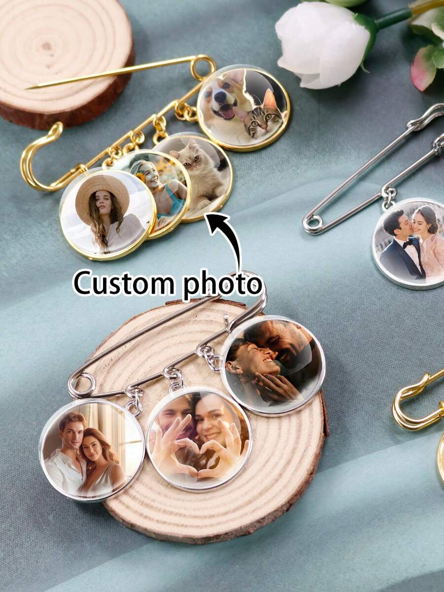 1 pieza Regalo personalizado para el novio de la novia el día de la boda, Alfiler de solapa con foto personalizada, Alfiler de solapa conmemorativo personalizado para el novio, Oro/Plata, Personalizable con 1~5 fotos, Alfiler de solapa y broche conmemorativo con foto, Regalos de novia, Accesorios para el cabello para mujer - Estilo A - Ver 1