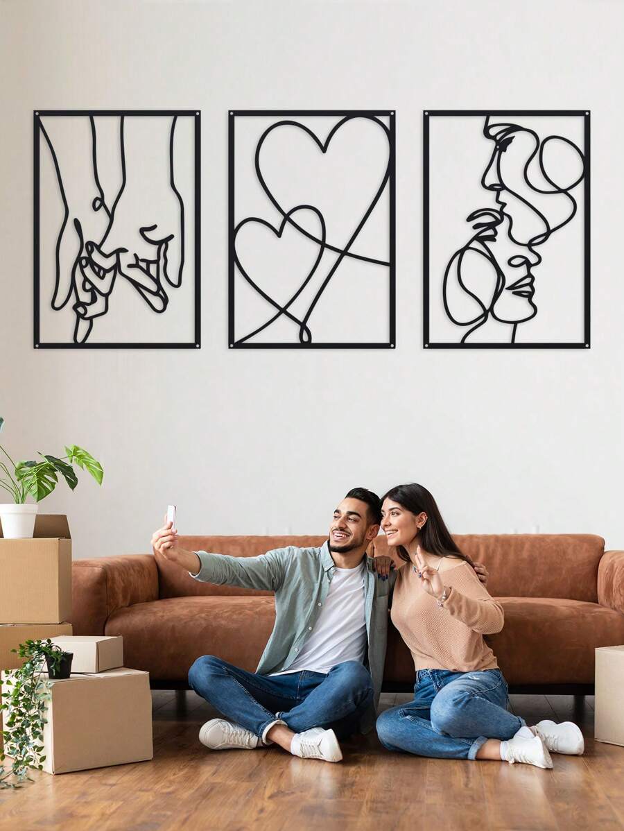 1 conjunto de arte de parede minimalista em metal, decoração de parede de metal com beijo de mão para o Dia dos Namorados, decoração de parede estética moderna para pendurar em casa, presentes de aniversário de verão, casamento, praia, volta às aulas, materiais escolares, decoração de quarto - Preto - Ver 1