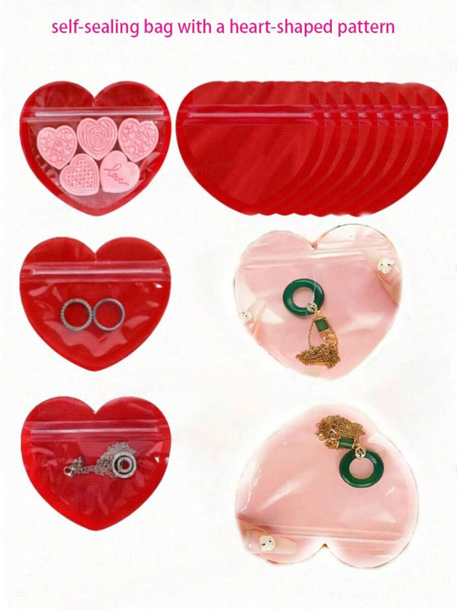 100pcs Heart Shape Self Sealing Bags, Jewelry Accessory Gift Packing Candy Food Packaging Bags