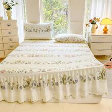 3 Pcs (Bed Skirt*1 Pillowcase*2) Printing Bed Skirt Lace Bed Skirt