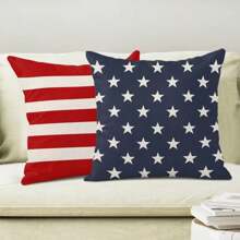 2 pièces de taie d'oreiller du 4 juillet, décoration patriotique avec rayures rouges et étoiles bleues pour commémo rer le jour de l'Indépendance. Housse de coussin d'extérieur style campagne pour canapé et lit, seule face sans rembourrage