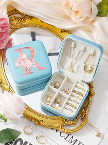 A-Z Floral Letter Pattern Travel Jewelry Box, Portable Zipper Travel Jewelry Storage Box, Gift Box For Women, PU Leather Waterproof Jewelry Box For Rings, Pendants, Earrings, Necklaces, Etc. - Gift Boxes For Girls And Women, Sun Travel Cool Back To School
