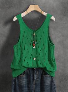 女士轻薄透气纯色针织网眼背心，适合夏季、秋季及所有季节，可用于运动、健身、休闲、度假等场合，男女皆宜，柔软舒适，纽扣闭合设计，方便叠穿。 - 綠色 - 查看 1
