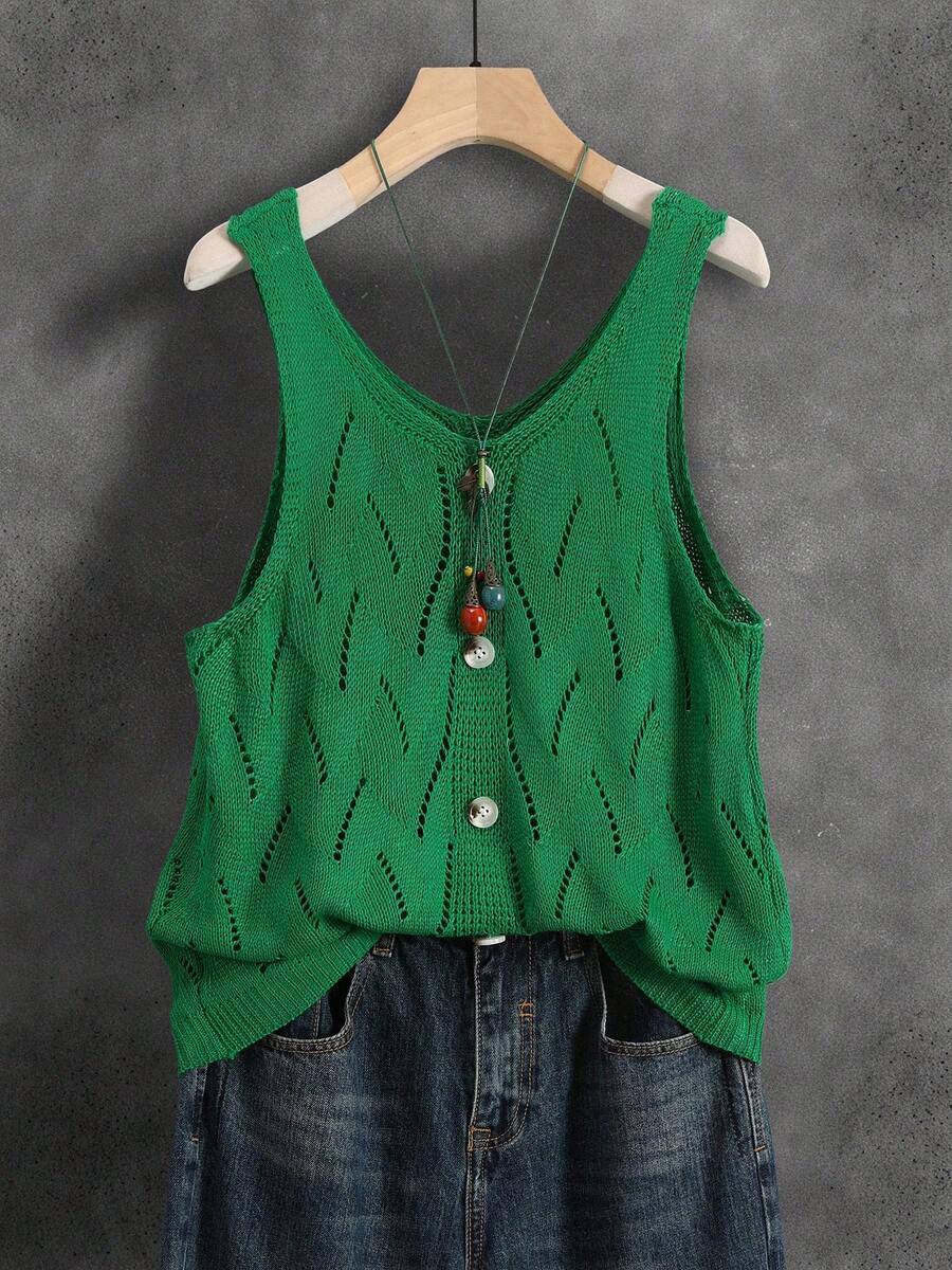女士轻薄透气纯色针织网眼背心，适合夏季、秋季及所有季节，可用于运动、健身、休闲、度假等场合，男女皆宜，柔软舒适，纽扣闭合设计，方便叠穿。 - 綠色 - 查看 1