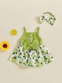 Vestido de verano para niñas pequeñas, mono sin mangas con estampado de frutas y cuello cuadrado con lazo y diadema - Verde - Ver 4