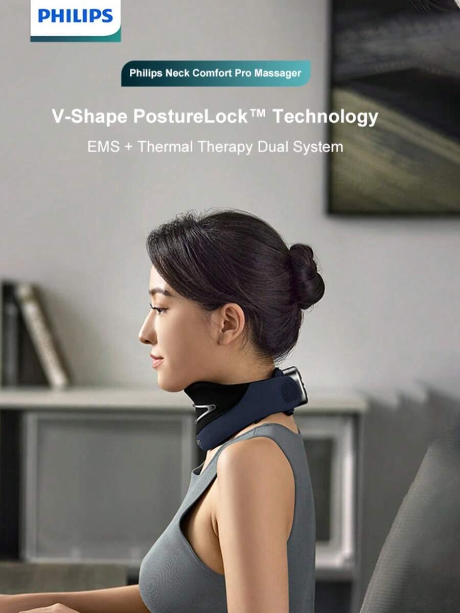 PHILIPS PM3306 颈部按摩器 - 4 种模式，12 级强度，EMS 脉冲，双重热疗系统，无线轻巧，缓解肩背疼痛，便携式设计，适用于办公室、家庭和旅行