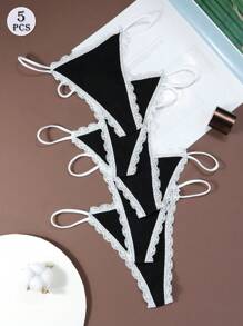 5Pcs/Set Women's Cotton Panties Lingerie Sexy Black Thongs Ladies Panties Underwear With Lace