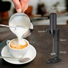 1 pieza Espumador de leche eléctrico, Espumador de leche mini con soporte, Espumador de leche eléctrico de mano, Batidora eléctrica a pilas (pilas no incluidas), Batidora de bebidas con soporte, Batidora de café de mano, Batidora eléctrica inalámbrica, Apto para latte, capuchino, batidos, chocolate caliente y talla grande, Espumador de leche portátil, Esencial para volver al colegio