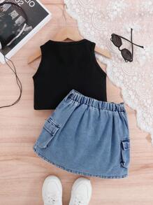 2pcs/Set Young Girl Summer Casual Letter Print White Tank Top & Skirt Set, Suitable For Commute, Daily Wear, Vacation, School