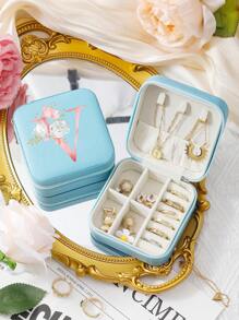 A-Z Floral Letter Pattern Travel Jewelry Box, Portable Zipper Travel Jewelry Storage Box, Gift Box For Women, PU Leather Waterproof Jewelry Box For Rings, Pendants, Earrings, Necklaces, Etc. - Gift Boxes For Girls And Women, Sun Travel Cool Back To School