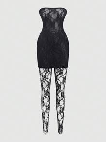 Women's Sexy Lace 2-Piece Outfit - Night Clubwear  Lace Tube Top Mini Dress Top With Stockings Set Lace  Leggings Set, Perfect For Birthday, New Year, And Valentine's Day - 黑色 - 查看 3