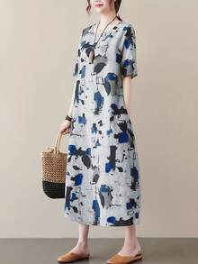 Women's Casual Mid-Length Drawstring Waist Dress, With Pockets, Round Neck, Short Sleeves, Woven Fabric, Abstract Print, Loose Fit - Blue - View 4