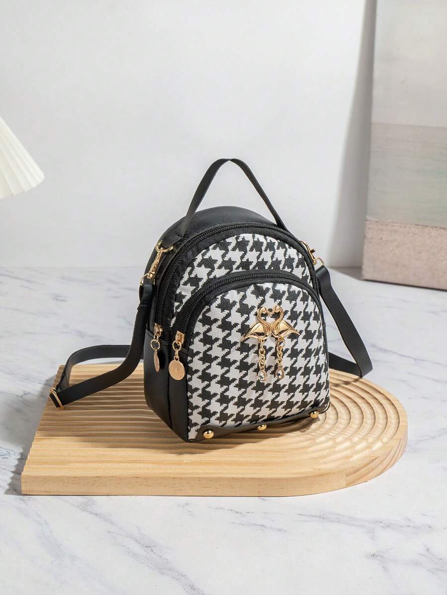 A Mini Houndstooth Print Backpack And A Mini Swan Hardware Decoration Small School Bag, Which Is Very Suitable For Travel And Shopping. - Black and White - View 1