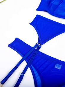 Woman's Sexy Lingerie Greener Mesh See Through Garter Bra Set Of 3 - Royal Blue - View 4