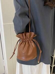 Drawstring Bucket Bag, Simple Drawstring Cross-Body Shoulder Bag