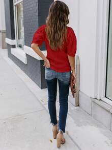 Camisa Feminina de Manga Curta Sólida, Camisa Casual de Verão com Decote Careca, Moda Camisa de Manga Bufante