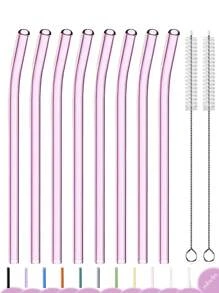 8pcs Pink Glass Straws With 2pcs Straw Brush, 8mm Reusable Straws, Drinking Straw Bent And Straight - Pink - View 4
