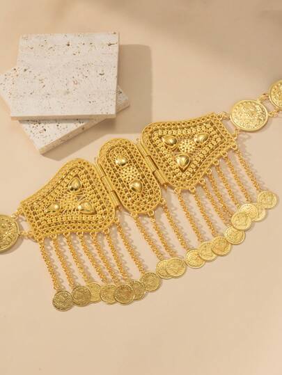 Herseygold 1pc Kurdi Turkish Style Bridal Gold Plated Coin Totem Tassel Waist Belt, Middle East Arabian Decoration Accessory For Women Long Dress, Festival Gift