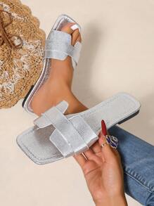 新款春夏时尚休闲系带女士拖鞋，舒适平底凉鞋户外沙滩鞋低跟方头简约一脚蹬凉鞋，百搭 - 銀色 - 查看 2