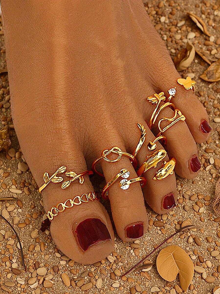 9 Pcs Adjustable Foot Ring Set Snake Butterfly Dragonfly Dolphin Heart Leaf Etc Shape Foot Ring Set For Women Girls - Yellow Gold - View 1