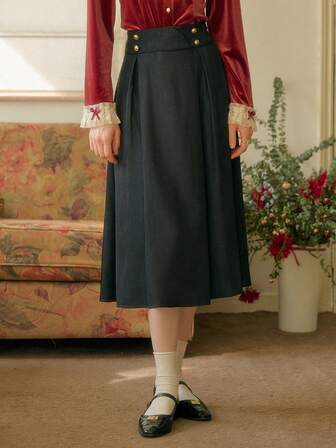 Simple Retro Minimalistischer Stil Rock mit goldfarbenen Knöpfen und Falten, gewebt, für Frühling/Sommer