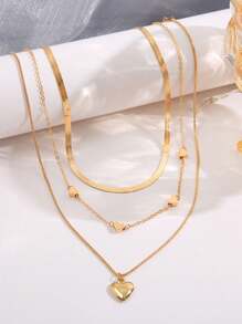 3 Pcs/Set Exquisite Heart-Shaped Pendant Necklace For Women. Small Snake Bone Chain Stacking Design. More Layered Matching. Suitable For Daily Travel. Birthday Gift.