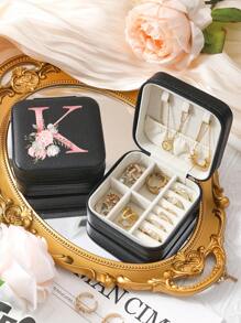 A-Z Floral Letter Pattern Travel Jewelry Box, Portable Zipper Travel Jewelry Storage Box, Gift Box For Women, PU Leather Waterproof Jewelry Box For Rings, Pendants, Earrings, Necklaces, Etc. - Gift Boxes For Girls And Women, Sun Travel Cool Back To School