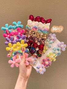 8/10/12/14/20/36pcs Glitter Bow Flower Pentagram Heart Hair Clips, Everyday Sweet Girl Hair Accessories