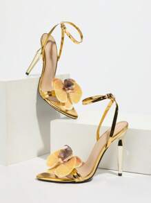 Sandalias de tacón alto con textura de flores 3D y orquídeas, material brillante, tacón delgado metálico, elegantes para fiestas nocturnas, banquetes, moda de celebridades al aire libre, zapatos para mujer color dorado