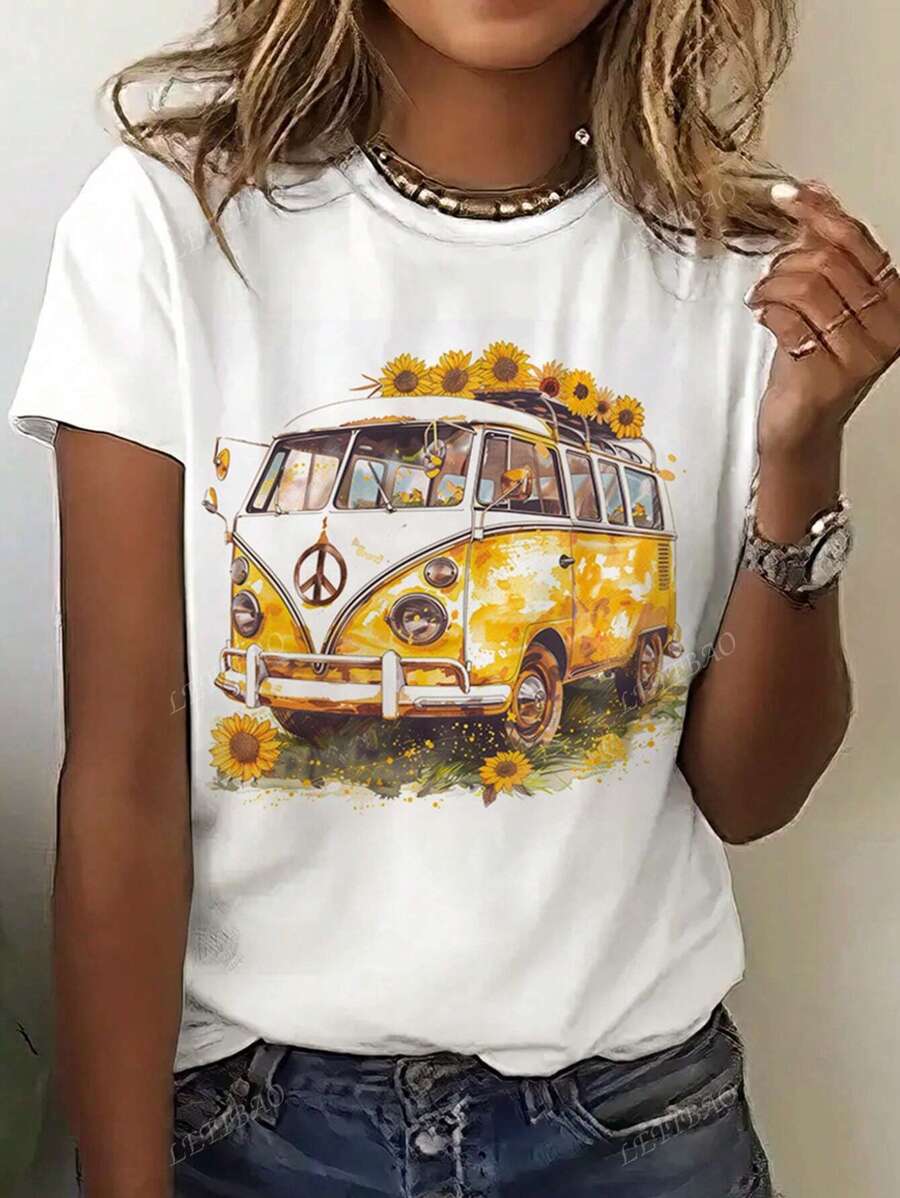 Maglietta a maniche corte con scollo rotondo e stampa di girasoli e bus, per taglie comode femminili