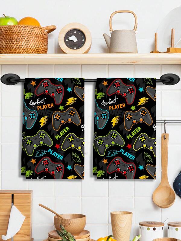 قطعتان من المناشف الطباعة بتحكم ألعاب الفيديو الكرتونية، منشفة متعددة الأغراض حديثة بطابع بسيط، مناسبة للمطبخ والحمام وغرفة المعيشة وغرفة الطعام وغرفة النوم، لكافة المواسم