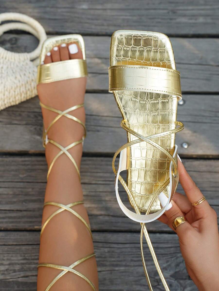 Women's Flat Sandals, Open Toe Casual Sexy Slides, Gold Color,Beach Shoes,Summer Shoes