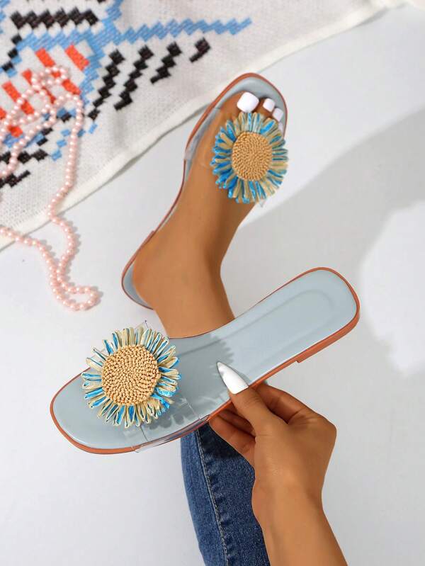 Sandales plates polyvalentes pour femmes, à fleurs bleues, pour les vacances à la plage. Sandales de plage, chaussons d'extérieur