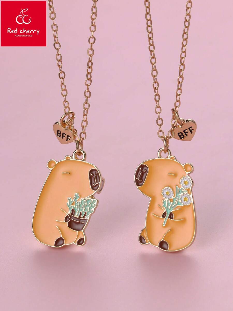 2pcs Girls' Multi-Color Zinc Alloy Oil Drop Magnetism Floral Decor Necklace Set, Suitable For Girls To Wear When Traveling And Taking Photos - Multicolor - View 1