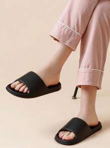Summer New Leather-Textured Slides, Simple Fashionable High-End Women Black Flat Sandals, EVA Bathroom Indoor Non-Slip Odor-Resistant Slippers, Quiet Soft Bottom Couples Slippers